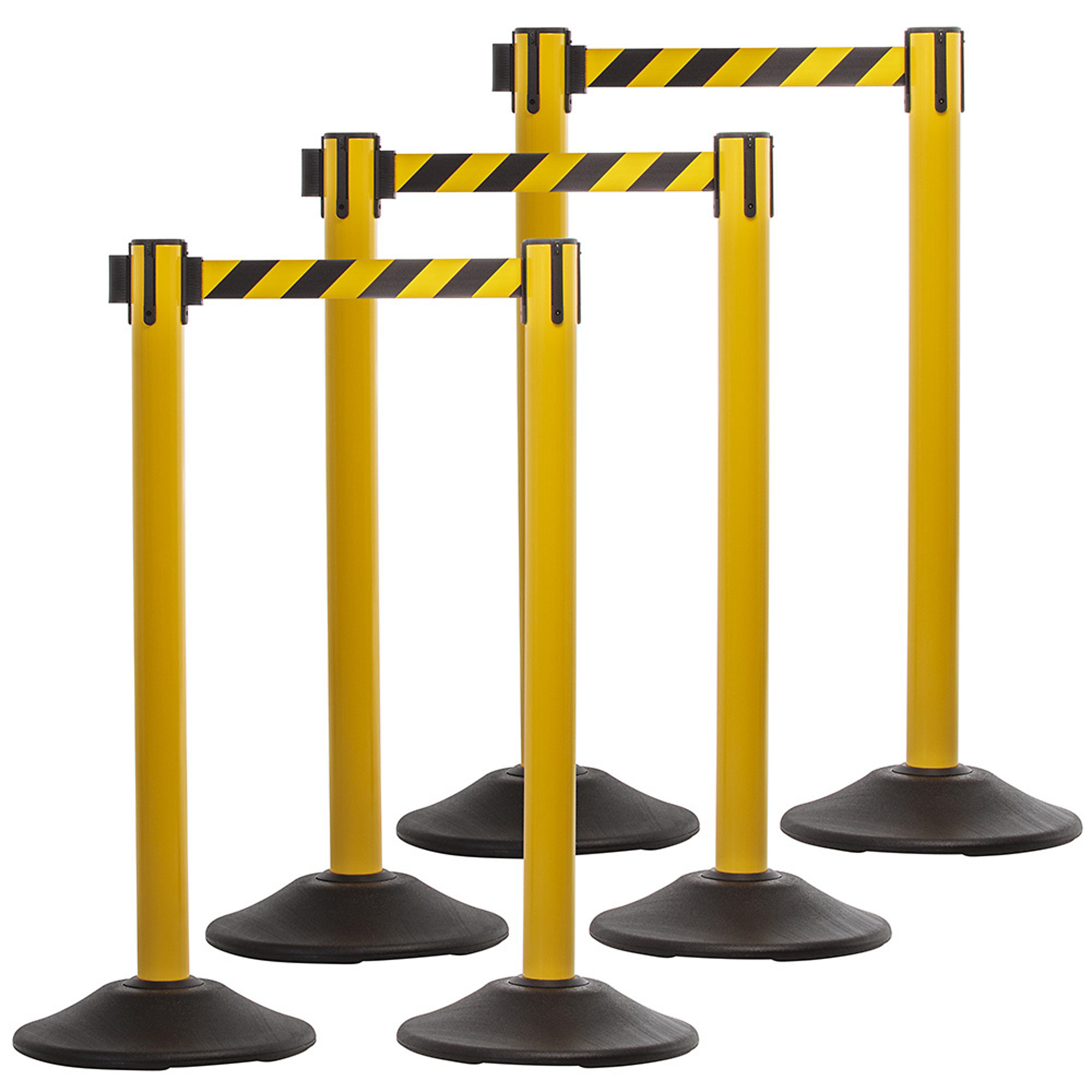 US Weight Heavy-Duty Steel Stanchion Set — 7.5ft. Chevron Retractable Belt, Scratch-Resistant Base, Yellow, 6-Pack, Model# U2104CYBPK6